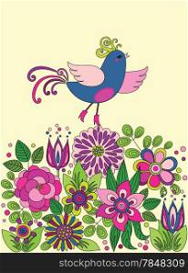 Decorative colorful funny vector drawing with bird on the flowers