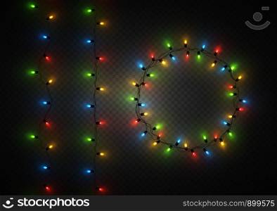Decorative colorful light bulb garlands set, Christmas decoration, vector illustration