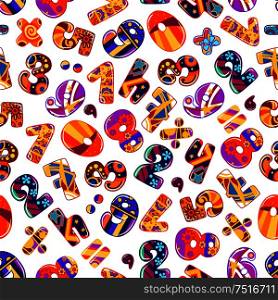 Decorative colorful numbers seamless pattern adorned by bright ornament of flowers and stars, circles and strips over white background. May be use in preschool education, background or scrapbook page design . Colorful cartoon numbers seamless pattern