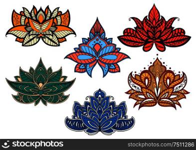 Decorative colorful paisley flowers adorned by floral motifs of persian and indian ornaments and curly lines. Use as oriental pattern for carpet, textile or lace design. Colorful paisley flowers with indian motifs