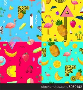 Decorative colorful seamless patterns set. Decorative seamless polygonal patterns 4 squares composition with tropical fruits pink flamingo and dolphin abstract vector illustration