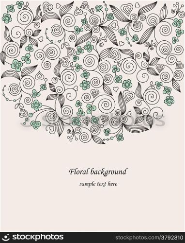 Decorative colorful vector background with flowers, leaves and hearts