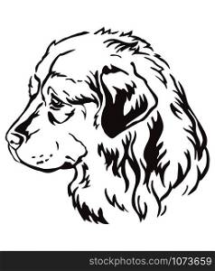 Decorative contour outline portrait of Caucasian Shepherd Dog looking in profile, vector illustration in black color isolated on white background. Image for design and tattoo.