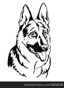 Decorative contour outline portrait of Dog German Shepherd looking in profile, vector illustration in black color isolated on white background. Image for design and tattoo.