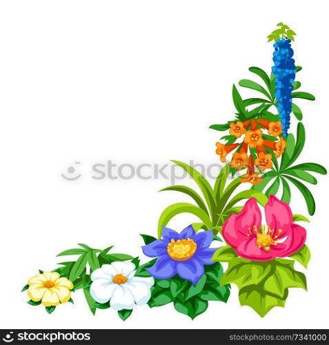 Decorative corner with tropical flowers. Exotic tropical plants. Illustration of jungle nature.. Decorative corner with tropical flowers. Exotic tropical plants.