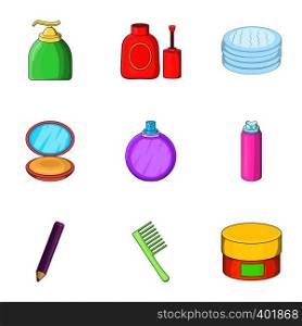 Decorative cosmetic icons set. Cartoon illustration of 9 decorative cosmetic vector icons for web. Decorative cosmetic icons set, cartoon style