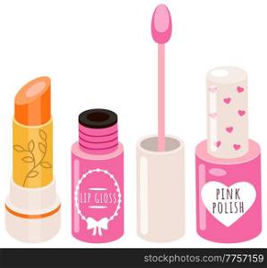 Decorative cosmetics lipstick and nail polish set of items, accessories for women s makeup and beauty. Pink lip gloss tube with a sponge brush. Lip care cosmetic accessory. Nail polish beauty hands. Decorative cosmetics lipstick and nail polish set of items accessories for women s makeup and beauty