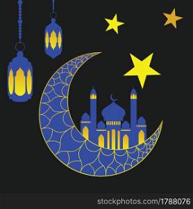 Decorative crescent moon and Muslim temple, mosque design.