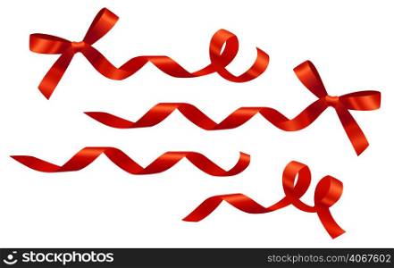 Decorative curled red ribbons and bows set. Design element. For banners, posters, leaflets and brochures.