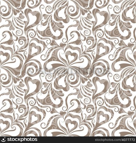 Decorative curly seamless background with flowers and hearts. EPS10.
