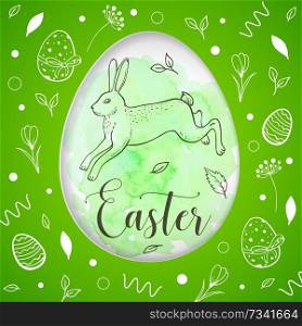 Decorative cut out of paper Easter card with rabbit on a green watercolor background. Vector illustration.