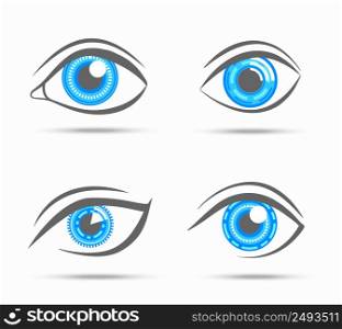 Decorative cyber robot digital look vision optic eyes set isolated vector illustration