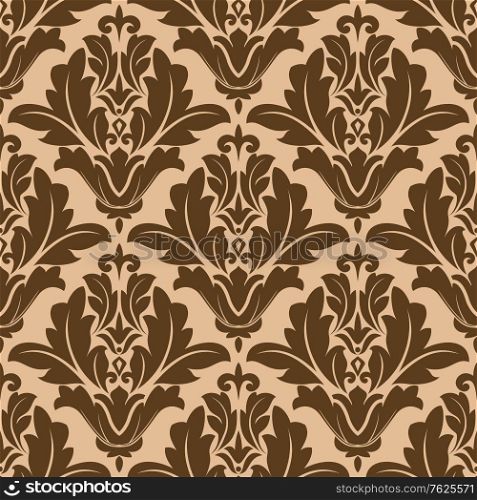 Decorative damask floral motif repeat seamless pattern in beige and brown in square format suitable for tiles, wallpaper and fabric design. Damask seamless floral pattern