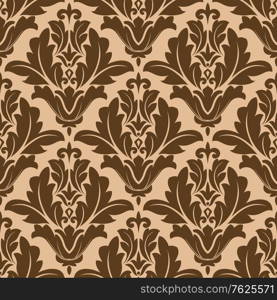 Decorative damask floral motif repeat seamless pattern in beige and brown in square format suitable for tiles, wallpaper and fabric design. Damask seamless floral pattern