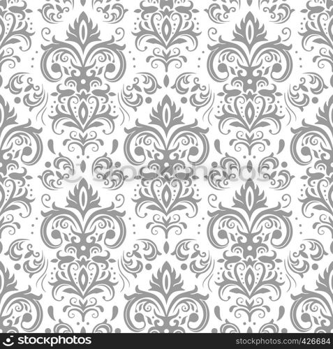 Decorative damask pattern. Vintage ornament, baroque flowers and silver venetian ornate floral ornaments. Royal victorian flourish wallpaper or diploma heraldry seamless vector background. Decorative damask pattern. Vintage ornament, baroque flowers and silver venetian ornate floral ornaments seamless vector background