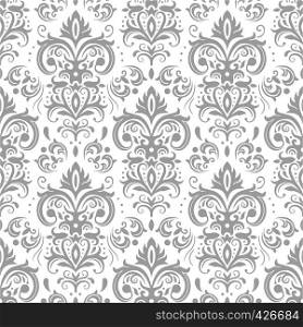Decorative damask pattern. Vintage ornament, baroque flowers and silver venetian ornate floral ornaments. Royal victorian flourish wallpaper or diploma heraldry seamless vector background. Decorative damask pattern. Vintage ornament, baroque flowers and silver venetian ornate floral ornaments seamless vector background