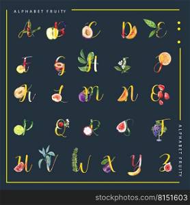 Decorative different type of fruits alphabet English font. watercolor vector illustration template. 
