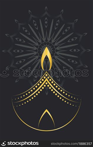 Decorative diya, Diwali festival candle golden line art illustration.