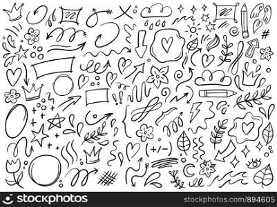 Decorative doodles. Hand drawn pointing arrow, outline shapes and doodle frames. Ink signs decoration ornament, line curved arrow, heart and circle sketch isolated vector illustration symbols set. Decorative doodles. Hand drawn pointing arrow, outline shapes and doodle frames vector illustration set