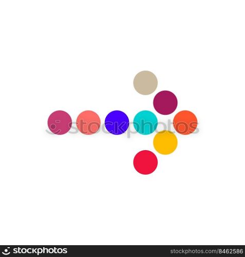 Decorative dotted arrow to the right, made up of multi-colored circles. Color palette. Flat vector illustration isolated on white background.. Color palette dotted arrow. Flat vector illustration isolated on white