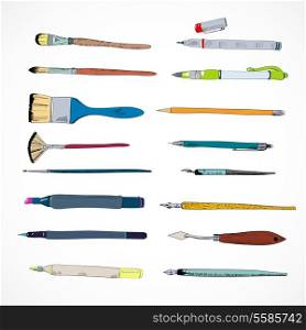 Decorative drawing artist flat angular pointed painting brush felt marker tools set doodle sketch vector isolated illustration