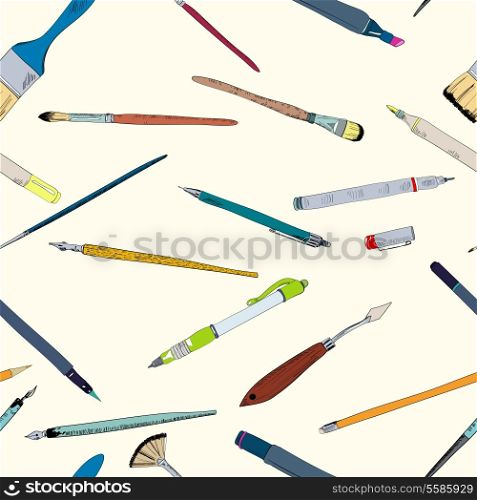 Decorative drawing painting artist tools round brush pencil angular marker seamless pattern design vector doodle sketch illustration
