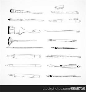 Decorative drawing tools accessories watercolor paintbrush pen charcoal graphite pencil knife collection doodle sketch vector isolated illustration