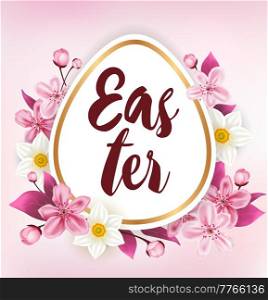 Decorative Easter background with pink cherry flowers. Vector illustration. 