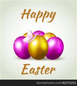 Decorative Easter background witn purple and golden eggs
