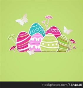Decorative Easter card with eggs on a green background. Vector illustration.