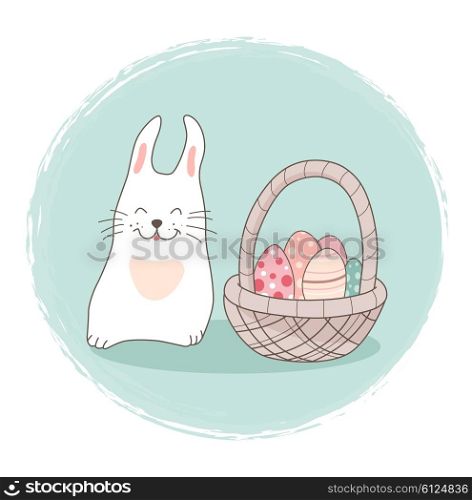 Decorative Easter card with rabbit and basket. Vector illustration.