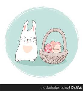 Decorative Easter card with rabbit and basket. Vector illustration.