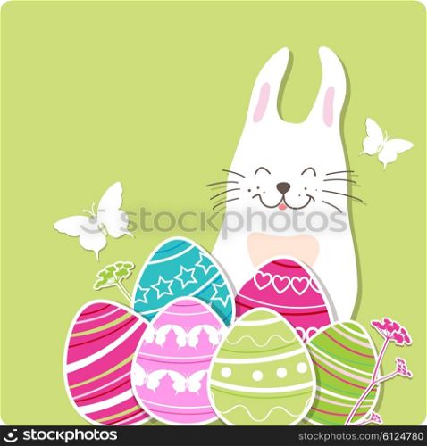 Decorative Easter card with rabbit and eggs on a green background. Vector illustration.