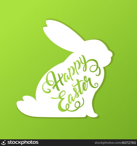 Decorative Easter card with rabbit and greeting inscription. Vector illustration.