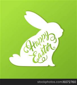 Decorative Easter card with rabbit and greeting inscription. Vector illustration.