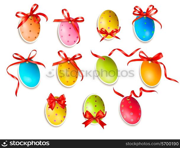 Decorative easter eggs. Easter cards with red bow and ribbons. Vector