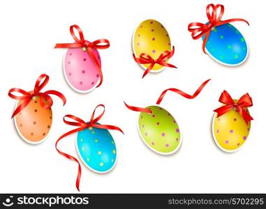 Decorative easter eggs.Easter cards with red bow and ribbons. Vector