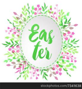 Decorative Easter greeting card with egg, pink flowers and green leaves. Festive background. Vector illustration. Holiday greeting card.