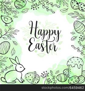 Decorative Easter greeting card with eggs, rabbit, leaves and green watercolor texture. Hand drawn vector illustration.
