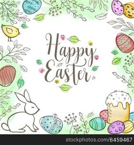 Decorative Easter greeting card with eggs, rabbit, leaves and watercolor textures. Hand drawn vector illustration.