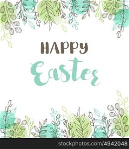 Decorative Easter greeting card with green leaves. Hand drawn vector illustration.