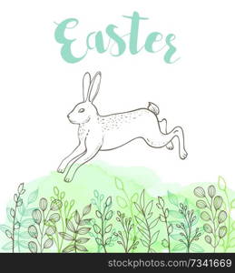 Decorative Easter greeting card with rabbit and green watercolor texture. Festive background. Vector illustration. 