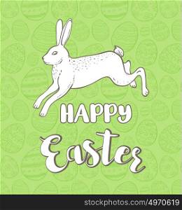 Decorative Easter greeting card with rabbit on a green background. Hand drawn vector illustration.