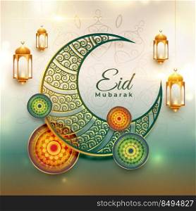 decorative eid mubarak realistic greeting with moon and lanterns