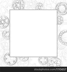 Decorative elegant border with black line gears and cogs. Blank space in center for photo, text label or menu. Square vector vintage frame with cogwheels ornament on white background.. Decorative frame with cog and gear