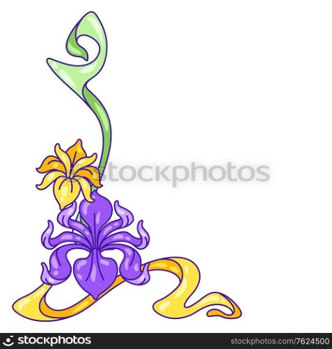 Decorative element with iris flowers. Art Nouveau vintage style. Natural decorative plants.. Decorative element with iris flowers. Art Nouveau vintage style.