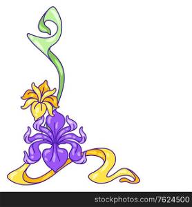 Decorative element with iris flowers. Art Nouveau vintage style. Natural decorative plants.. Decorative element with iris flowers. Art Nouveau vintage style.