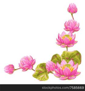 Decorative element with lotus flowers. Water lily illustration. Natural tropical plants.. Decorative element with lotus flowers. Water lily illustration.