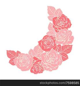 Decorative element with outline roses. Beautiful realistic flowers and leaves.. Decorative element with outline roses. Beautiful flowers and leaves.