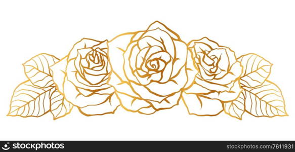 Decorative element with outline roses. Beautiful realistic flowers and leaves.. Decorative element with outline roses. Beautiful flowers and leaves.